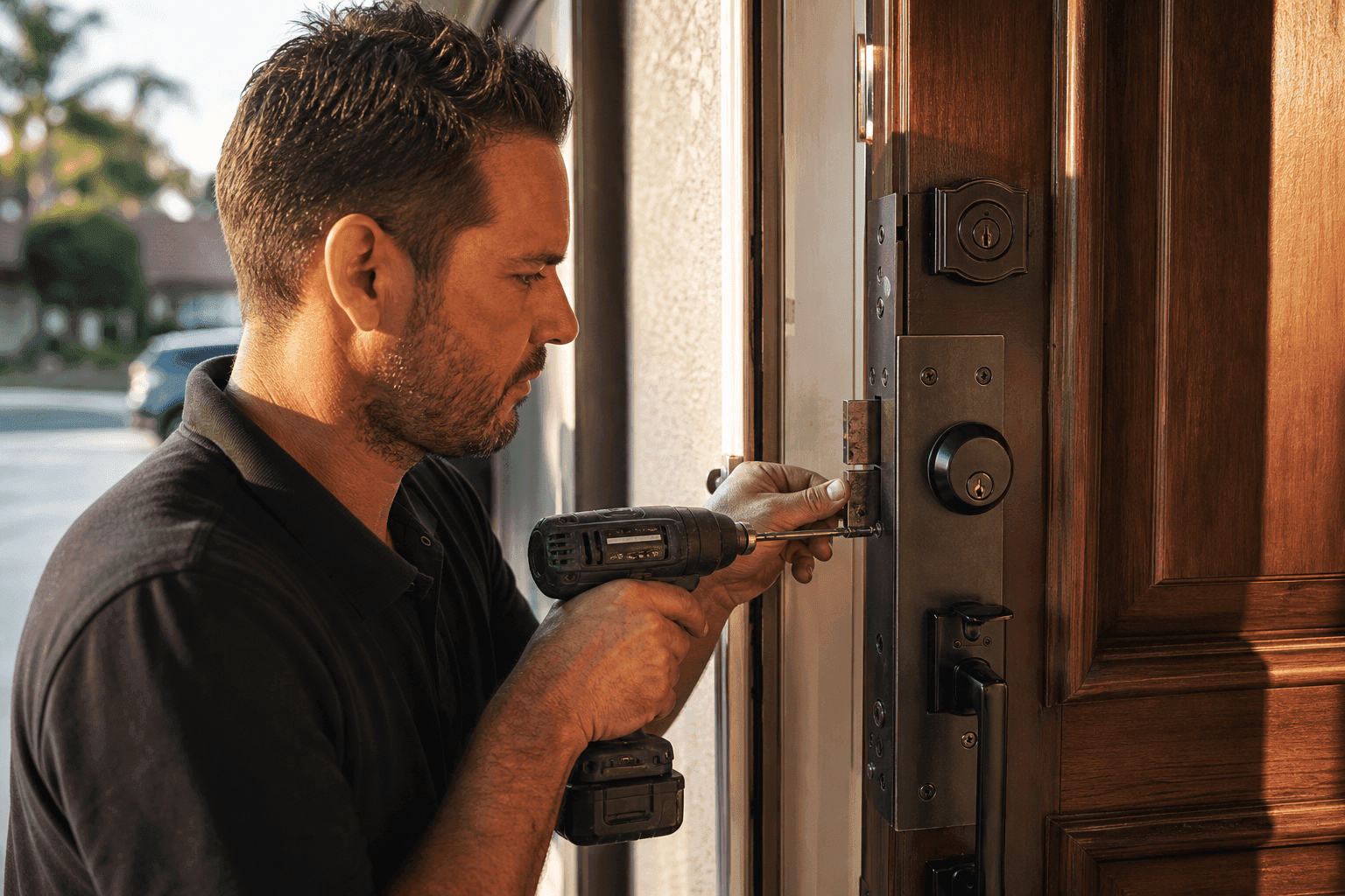 Locksmith installing a new reinforced strike plate and deadbolt on a residential door after a break-in