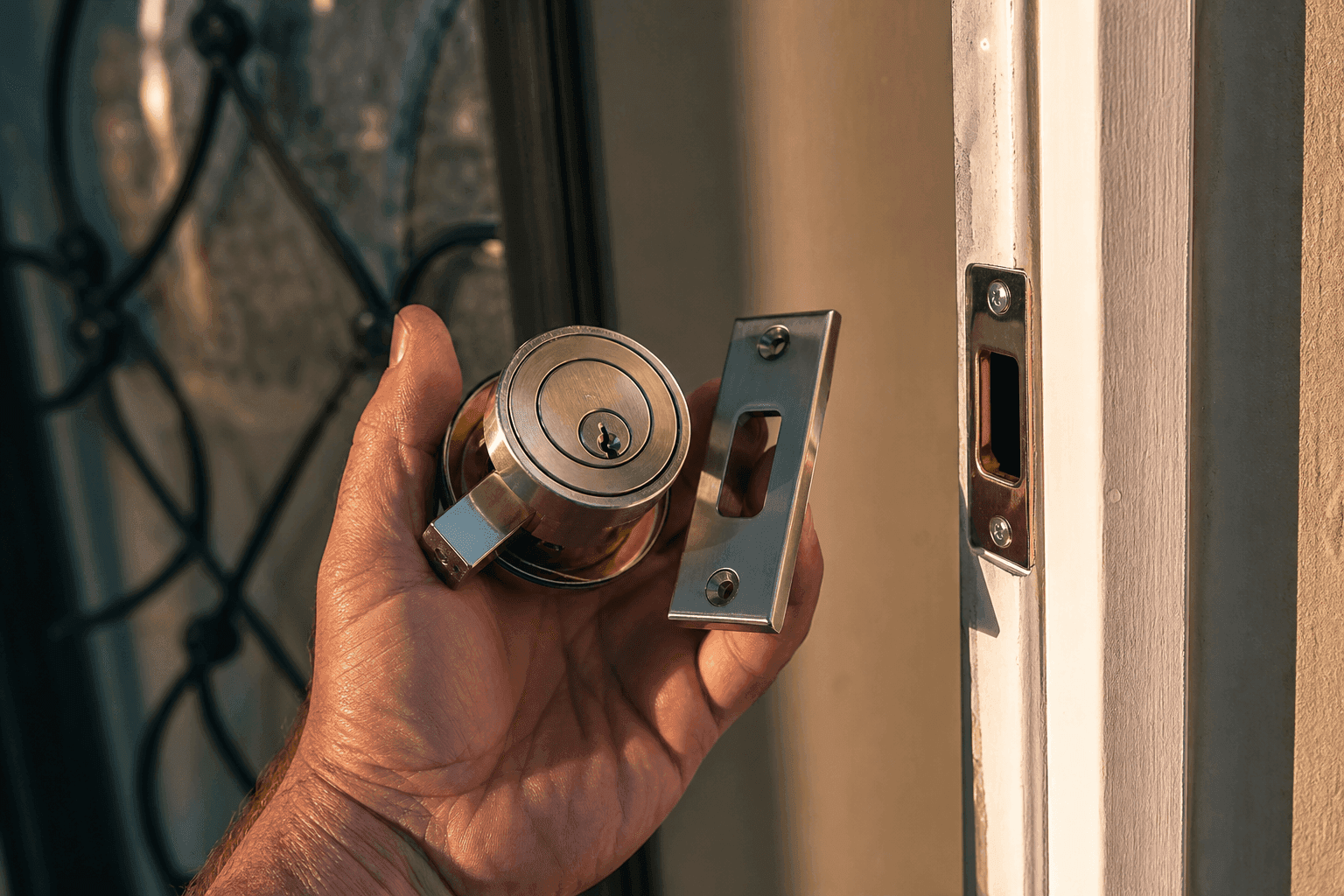 Hand holding a new high-security deadbolt and reinforced strike plate next to a damaged door frame