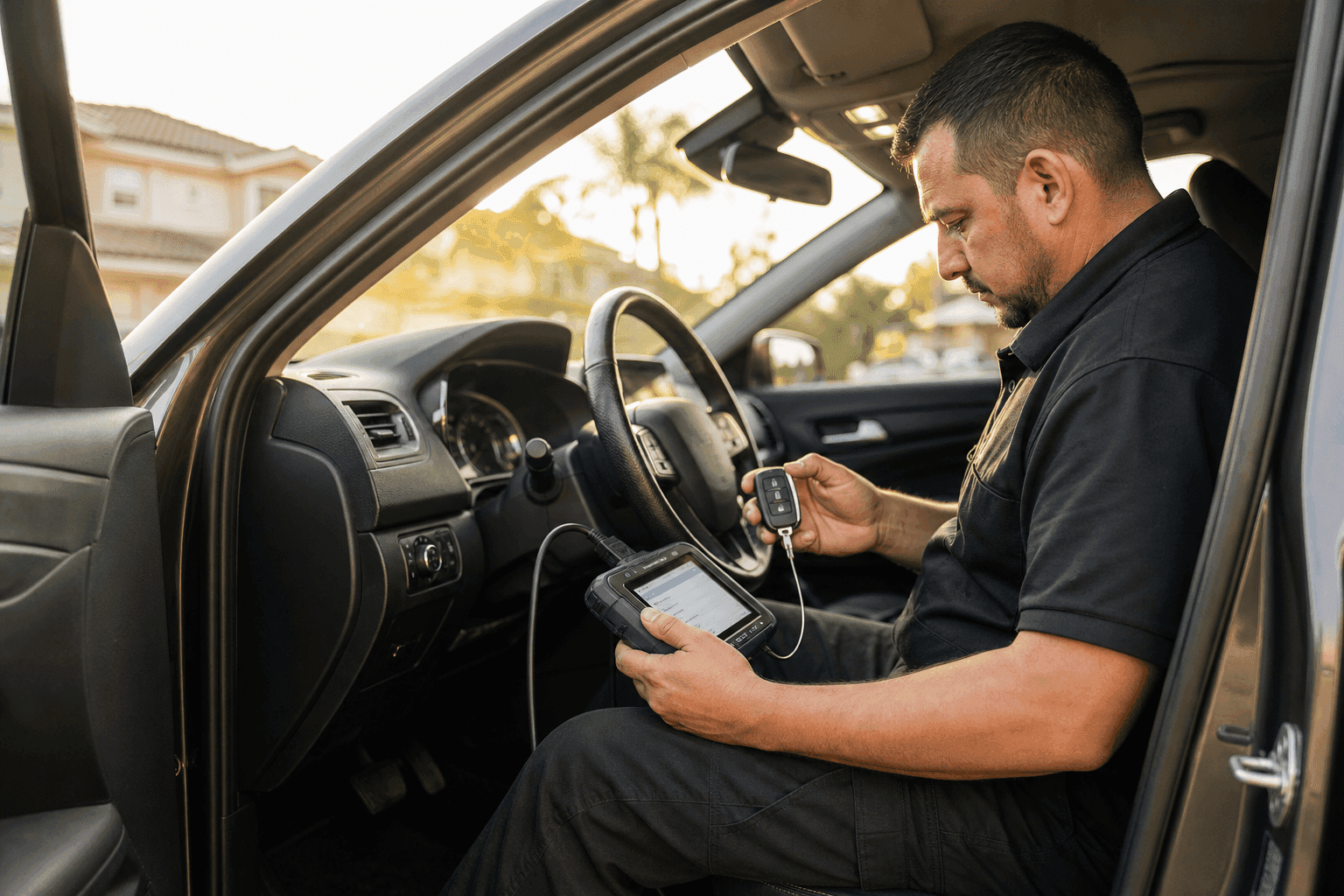 Locksmith programming a car key fob with a diagnostic tool inside an SUV in a sunny OC driveway