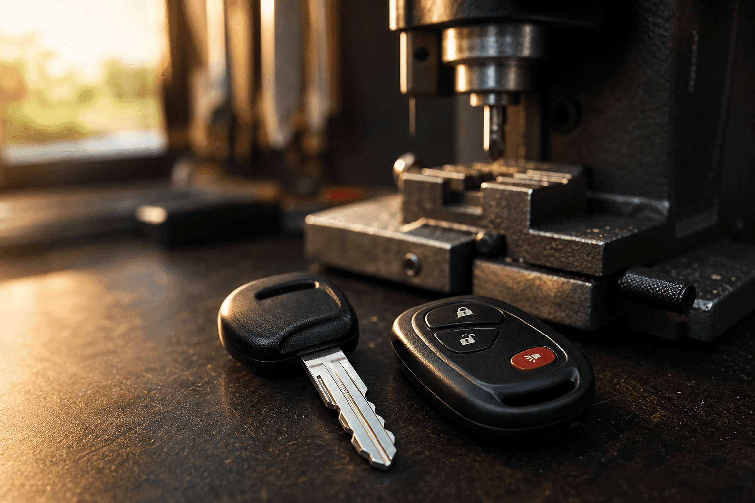Close-up of a cut and chipped automotive transponder key next to a remote head fob on a workbench