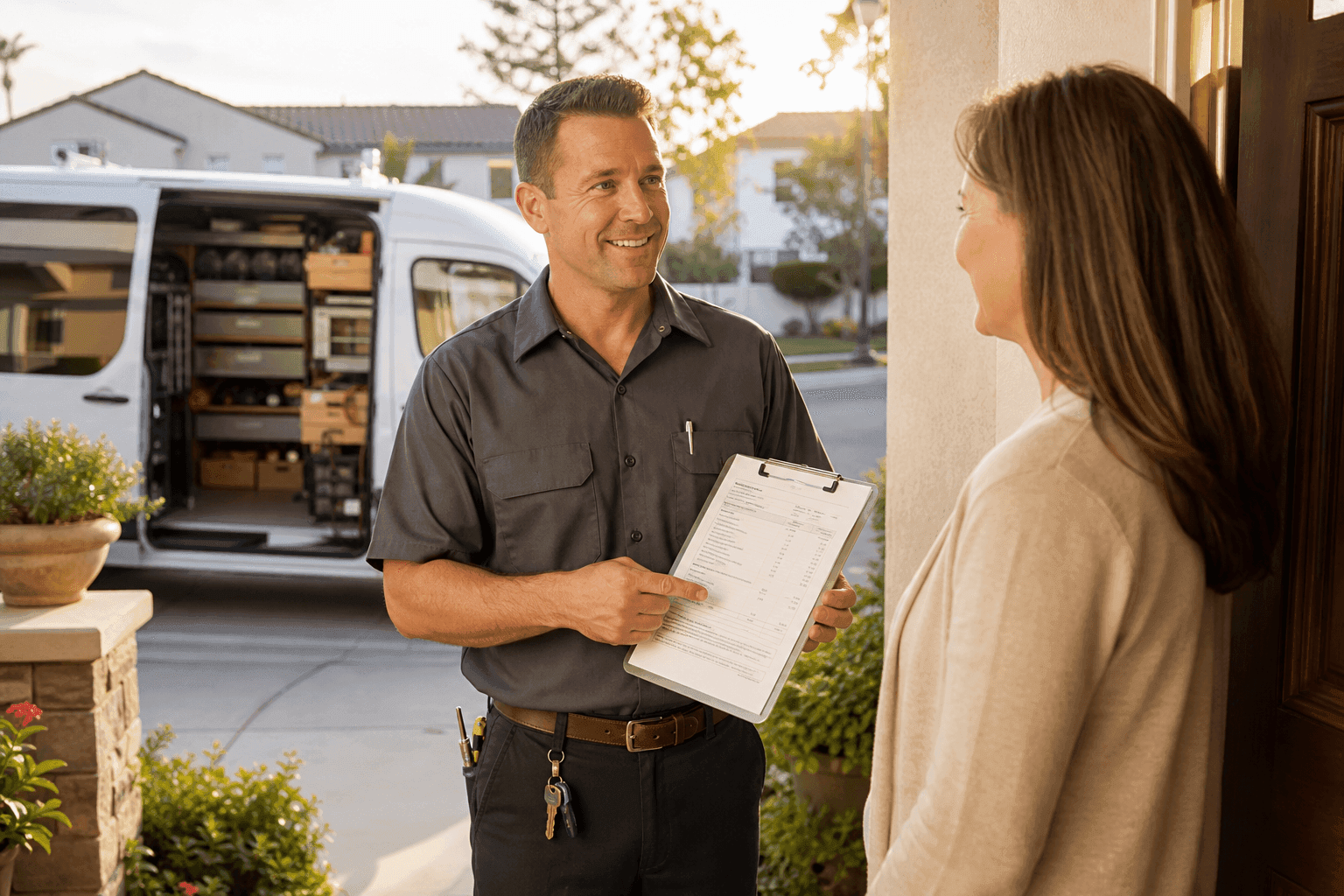 Concerned homeowner reading a high invoice handed to her by a suspicious locksmith outside her California home