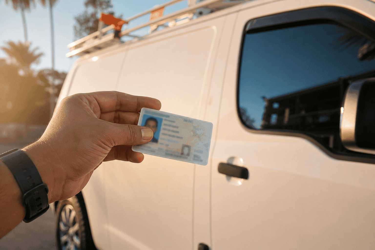 Hand holding a California BSIS locksmith license card next to a clean work van