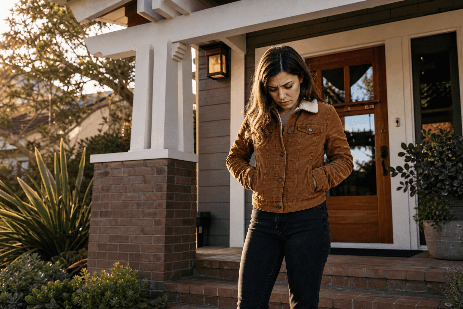 Frustrated person standing on a Southern California front porch checking pockets for keys