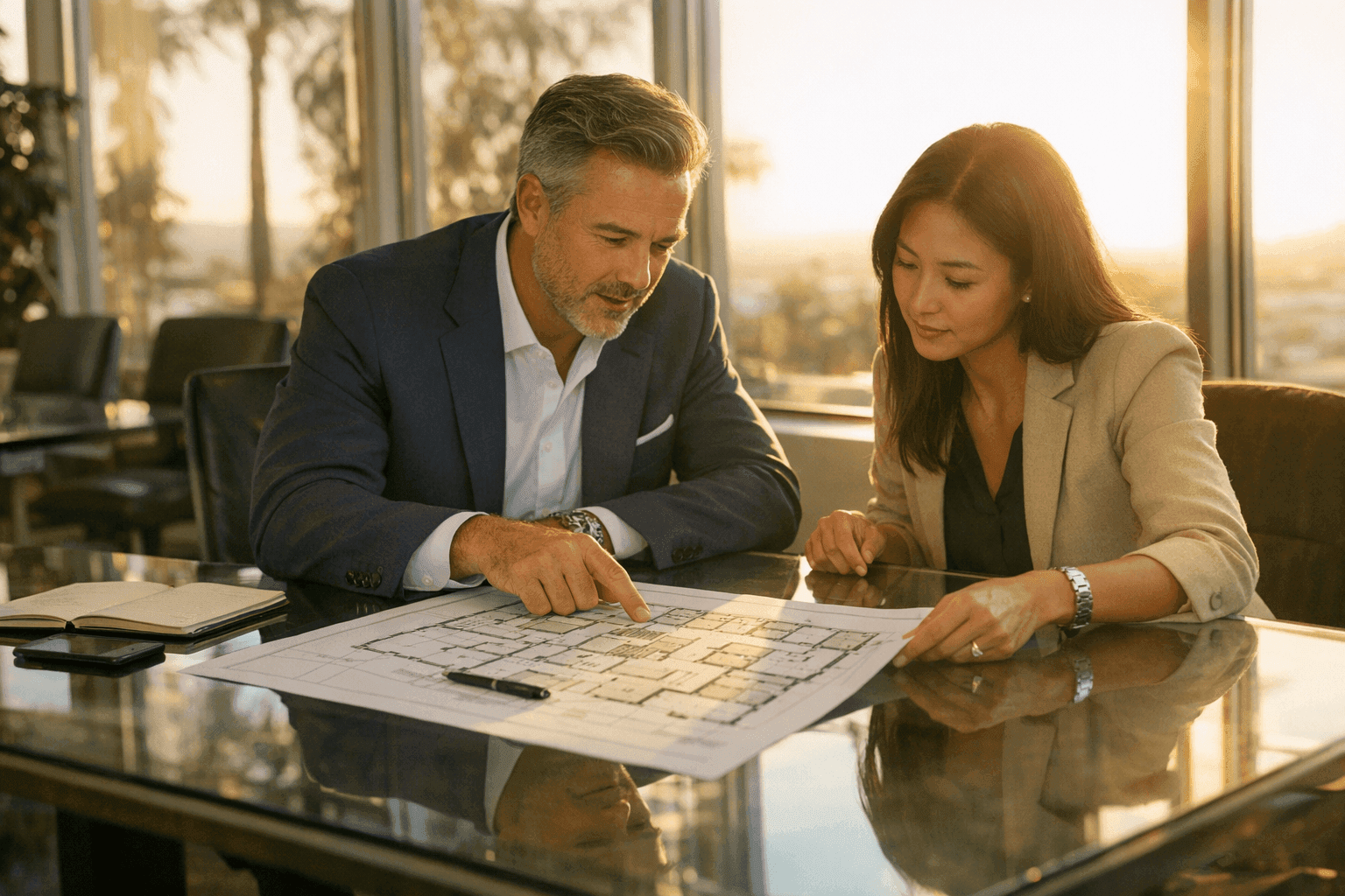 Locksmith and small business owner reviewing a key access chart in a small modern office