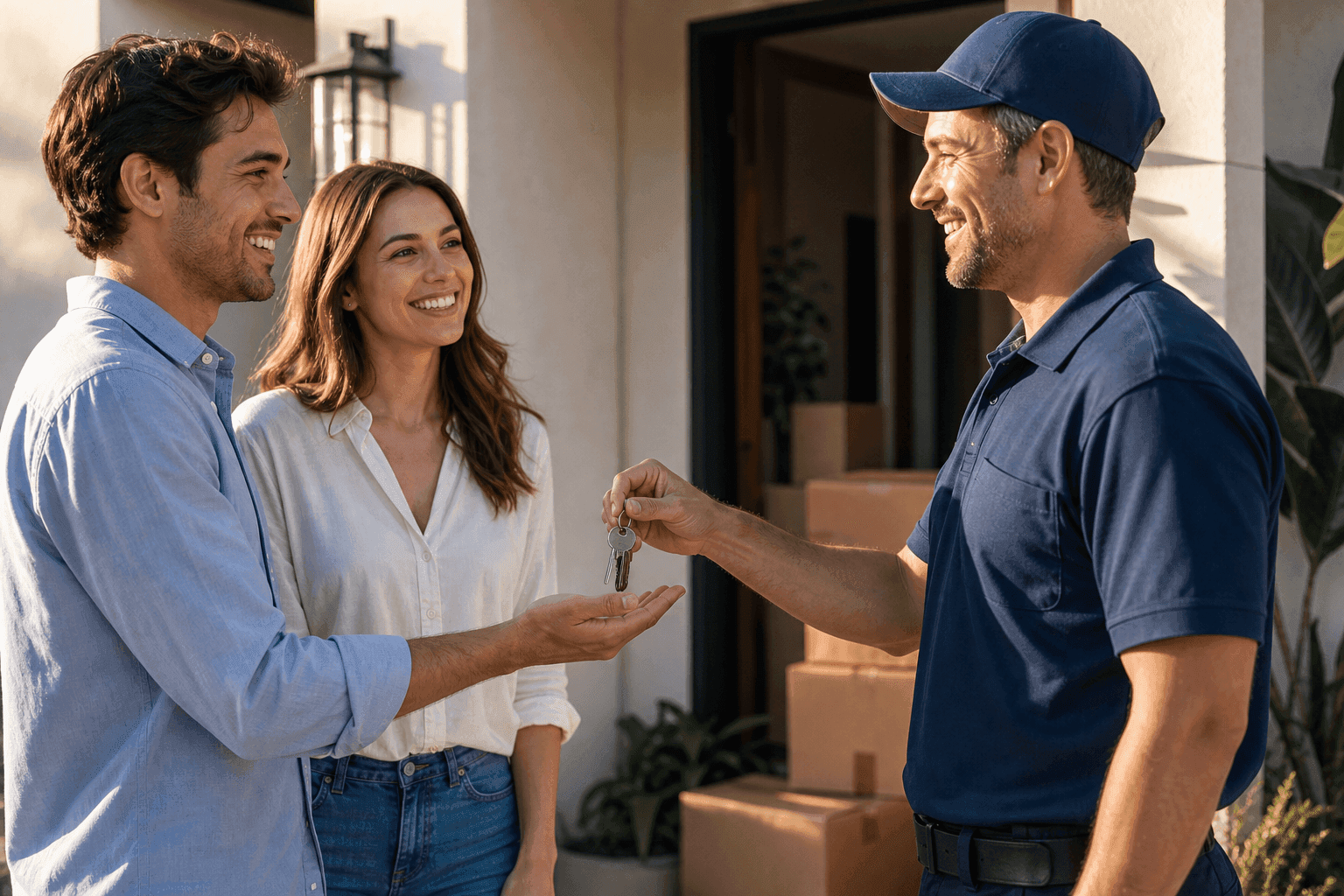 Smiling young couple receiving new house keys from a locksmith in front of a sunny Orange County home