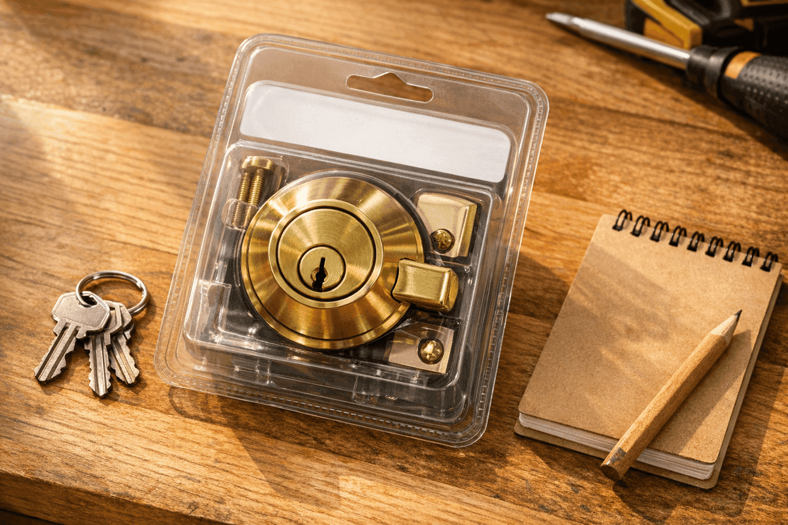 Locksmith hands pinning a Schlage residential lock cylinder on a clean workbench