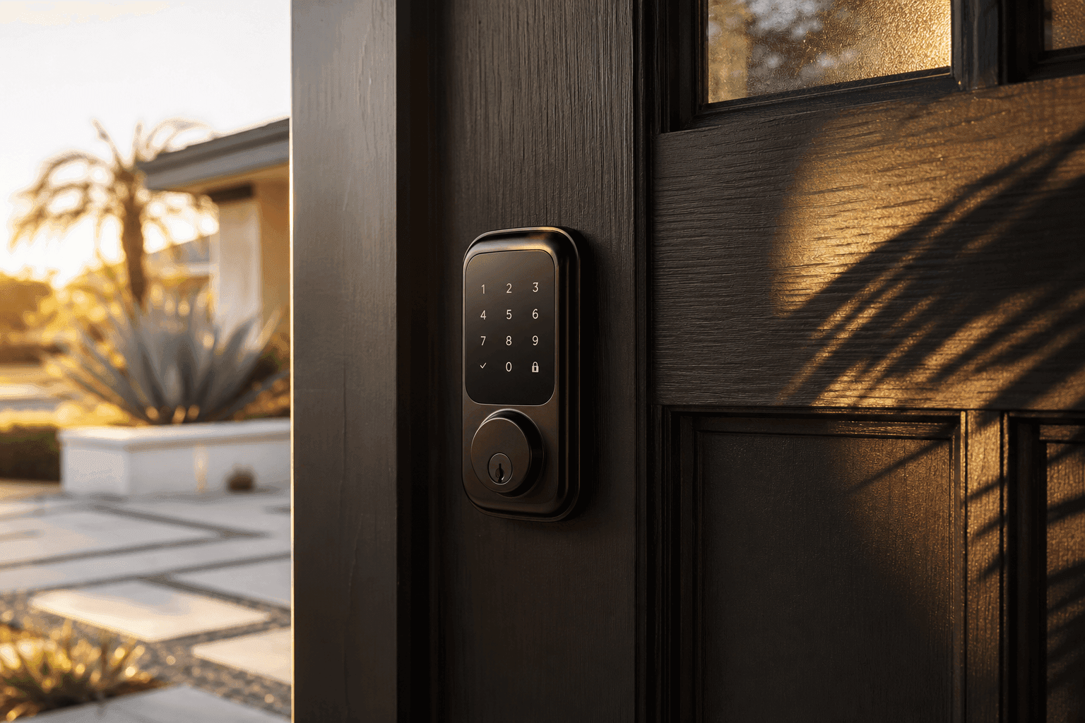 Modern keypad smart lock installed on a craftsman-style front door, golden hour California light