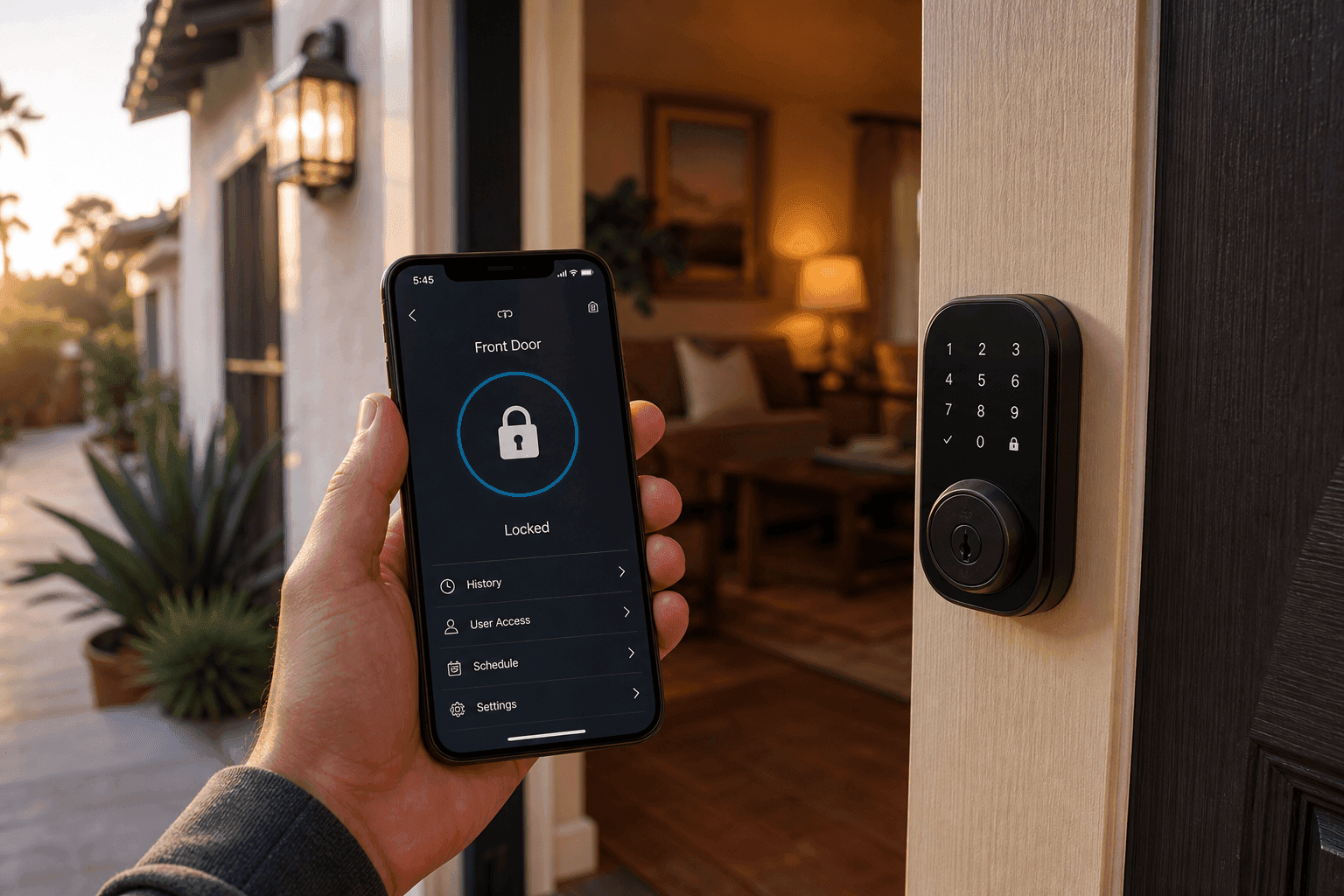 Homeowner unlocking a smart deadbolt with a phone, smart home app visible on screen