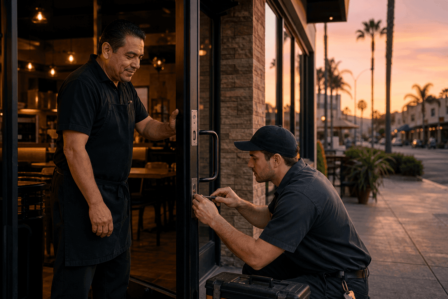 Orange County restaurant storefront at dawn, owner unlocking the glass door with a locksmith helping
