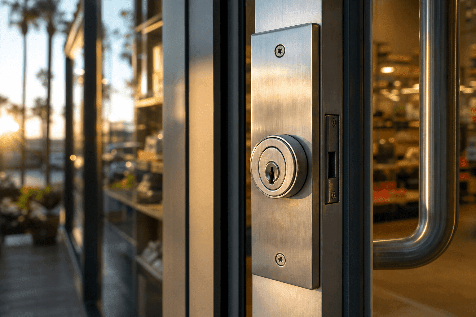 Adams-Rite commercial mortise lock with stainless trim on a glass storefront door