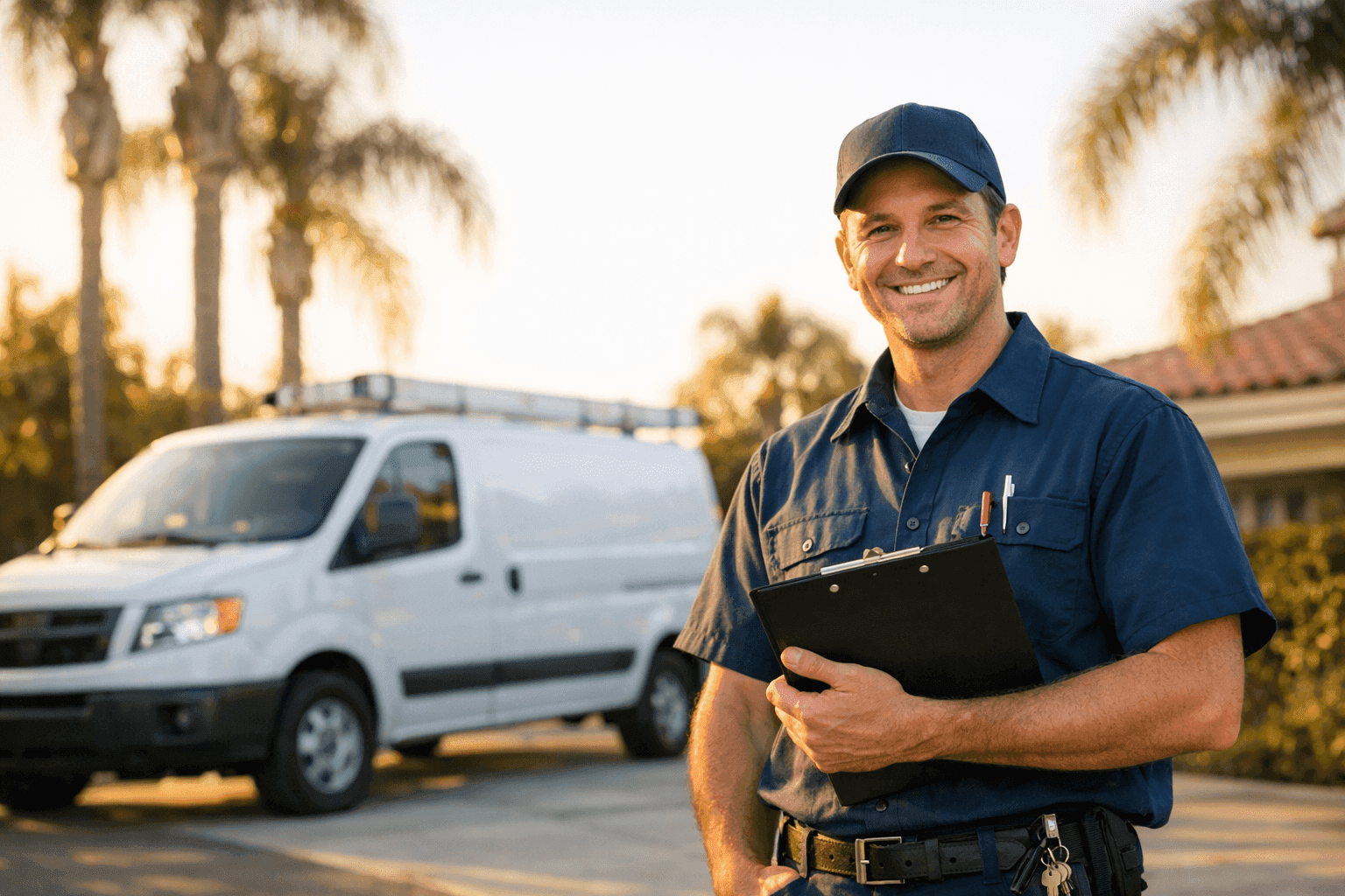 Locksmith technician answering questions for a customer in a sunny Orange County driveway