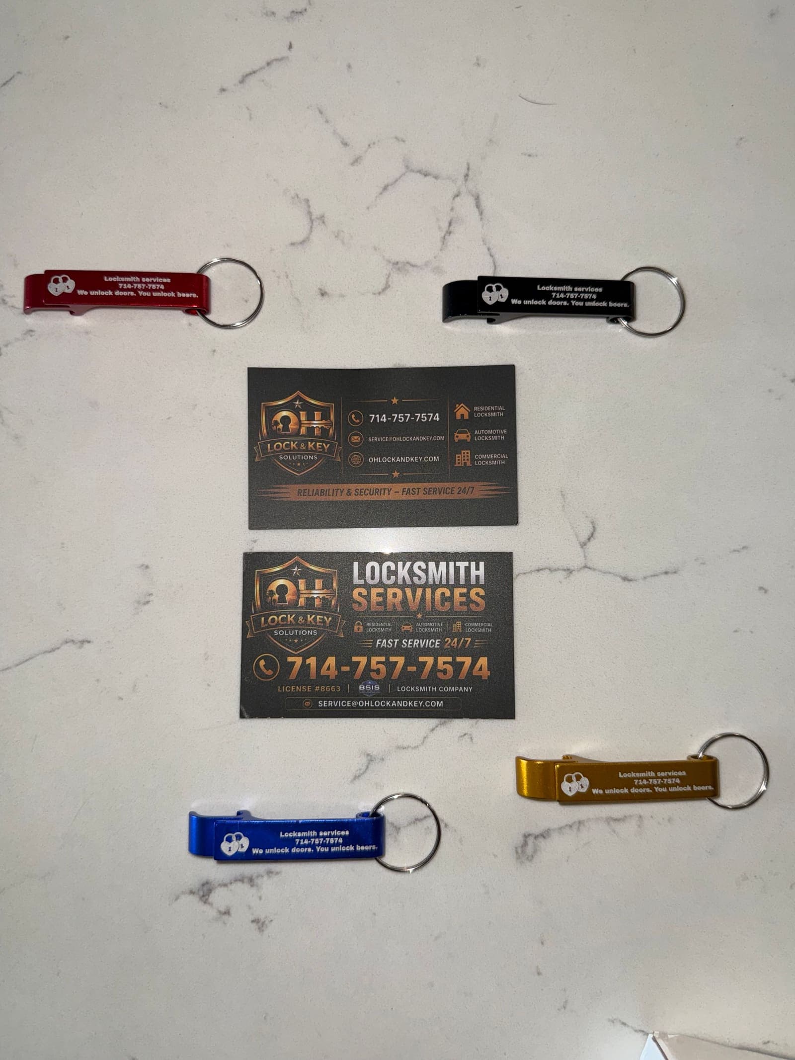 Business cards and keychain bottle openers 02 — OH Lock and Key branding job by OH Lock and Key Solutions, Orange County (BSIS #8663)