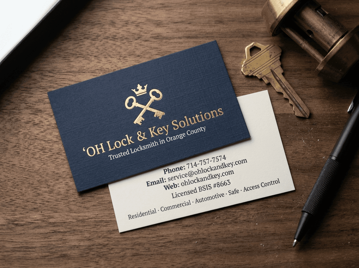 Business card mockup photo — OH Lock and Key marketing visual job by OH Lock and Key Solutions, Orange County (BSIS #8663)