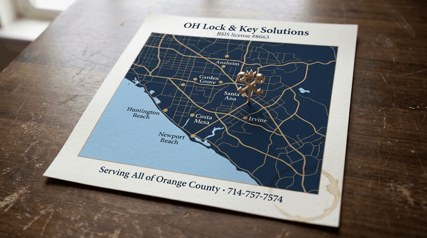 Orange county map physical mockup — OH Lock and Key marketing visual job by OH Lock and Key Solutions, Orange County (BSIS #8663)