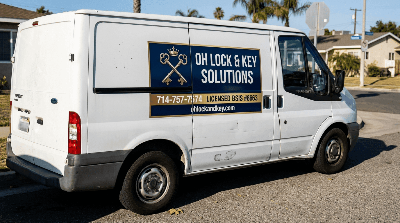 Service van side magnet daylight — OH Lock and Key marketing visual job by OH Lock and Key Solutions, Orange County (BSIS #8663)