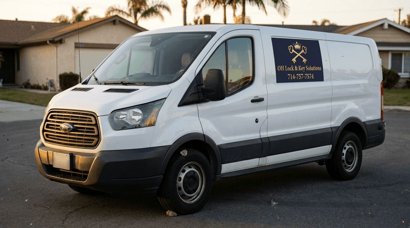 Service van three quarter front — OH Lock and Key marketing visual job by OH Lock and Key Solutions, Orange County (BSIS #8663)