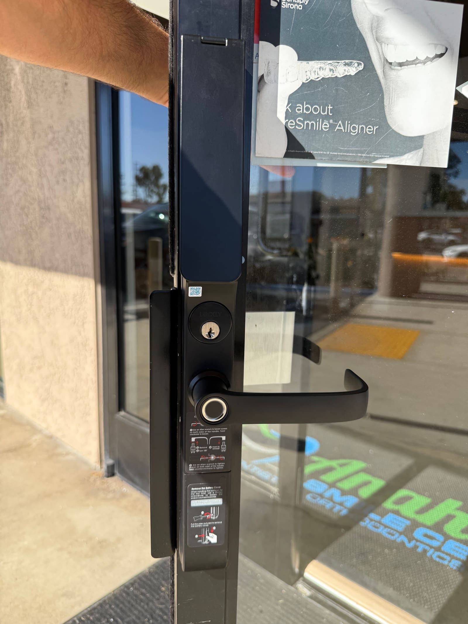 Lockly fingerprint storefront install 01 — smart lock install job by OH Lock and Key Solutions, Orange County (BSIS #8663)