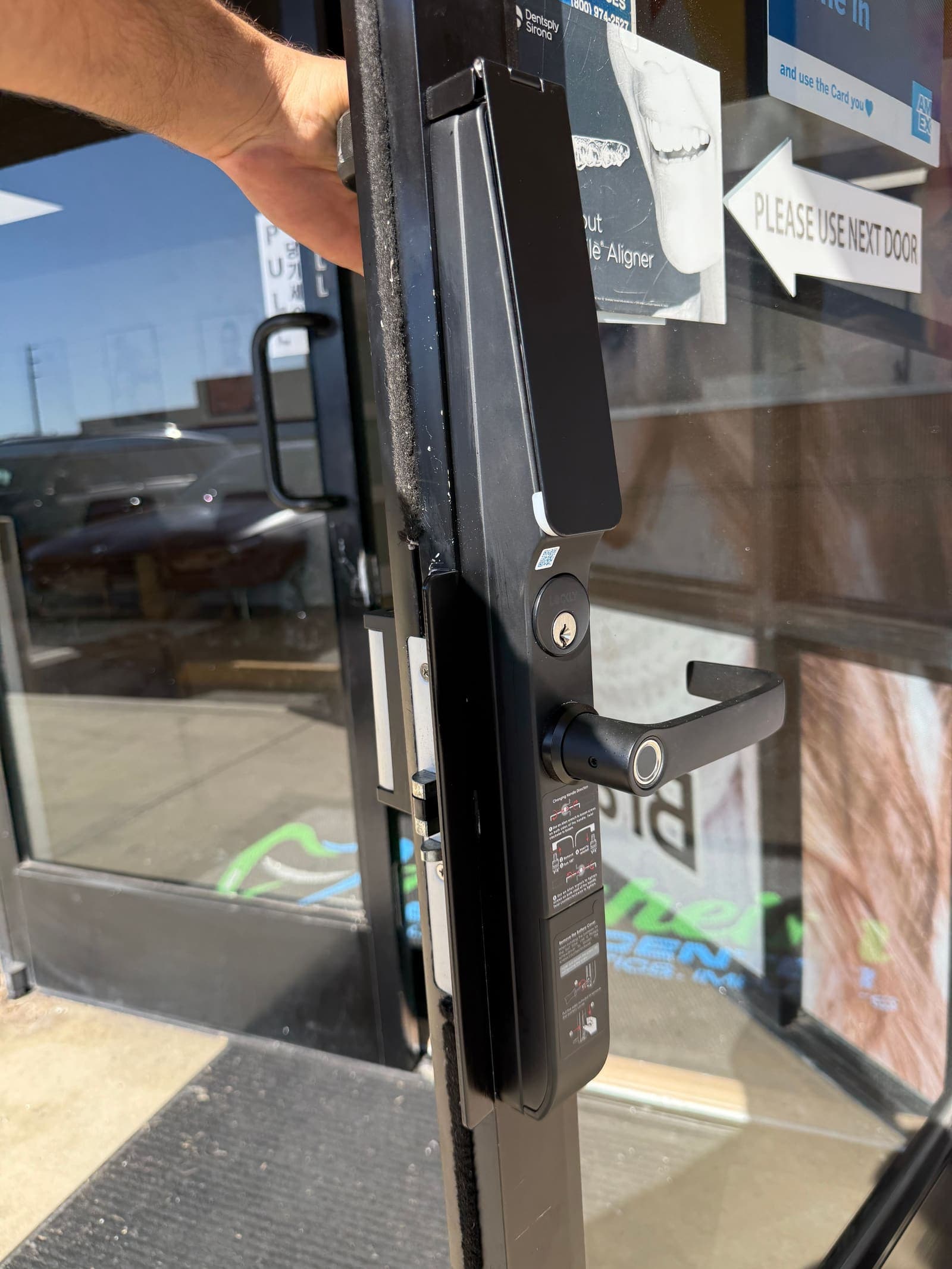 Lockly fingerprint storefront install 02 — smart lock install job by OH Lock and Key Solutions, Orange County (BSIS #8663)